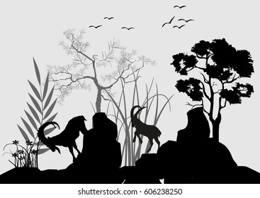 Silhouettes of wild goats jumping on rocks vector illustration