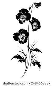 Silhouettes of wild pansy flowers on delicate stems with leaves in a meadow