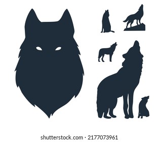 Silhouettes of a wild wolf. Silhouettes of howling wolves. Wolf muzzle silhouette.