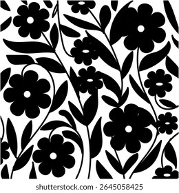 Silhuetas padrão de flores silvestres, Flor botânica abstrata em fundo branco. Projeto floral de botânica vetorial.