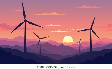 Turbinas de viento en silueta contra un colorido cielo al atardecer y el telón de fondo de la montaña, simbolizando la energía limpia y la sostenibilidad.