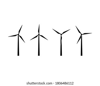 Silhouettes of wind turbines icon set. Wind farm energy sign. Green electricity. Offshore. Vector on isolated white background. EPS 10