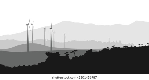 silhouettes of Wind turbines with mountains scenery, Vector design, isolated, Horizontal banner, panorama.