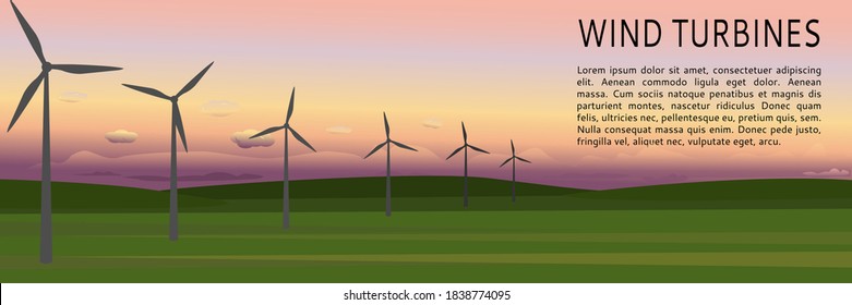 Silhouettes Of Wind Turbines At Sunset Or Sunrise. Landscape Wind Farm Banner For Presentations, Websites, And Infographics. Flat Style. Vector. Space For Text