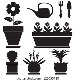 Silhouettes of window flowers in different pots