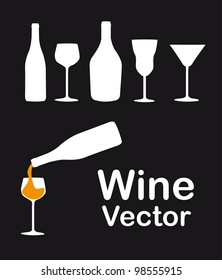 silhouettes wine bottle and cups over black background. vector