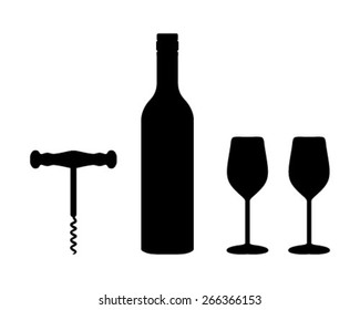Silhouettes of wine bottle, wine glasses and corkscrew, vector