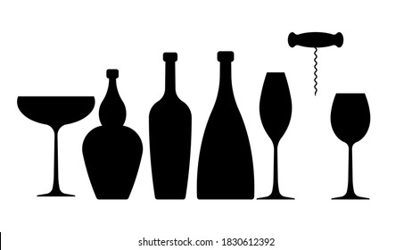 Silhouettes of wine bottles. Different forms of glass vessels: wine, cognac, champagne. Corkscrew. Set