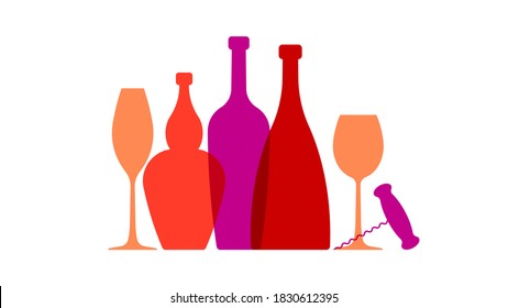 Silhouettes of wine bottles. Different forms of glass vessels: wine, cognac, champagne. Corkscrew. Set