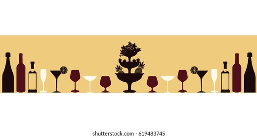 Silhouettes of wineglasses and bottles.