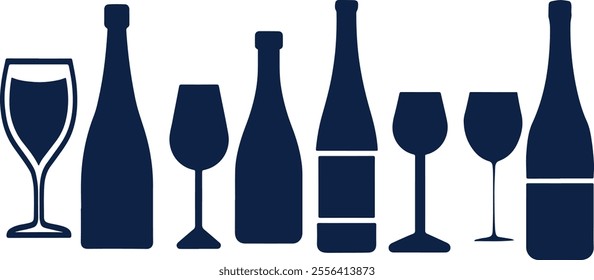 Silhouettes of wineglasses and bottles. glossy bottle and glass set icon