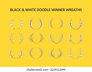 Silhouettes of winner wreaths. Laurel garlands, competition award crowns of penannular or horseshoe shape. Victory, organic herb, good choice or skill symbols. Decorative doodle style sketch set