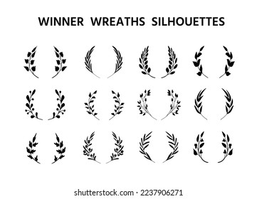 Silhouettes of winner wreaths. Laurel garlands, competition award crowns of penannular or horseshoe shape. Victory, good choice or skill symbols. Set of elegant design elements