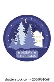 Silhouettes of winter bunnies against the background of Christmas trees, a house and a starry sky with a month. Vector illustration postcard.