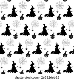 Silhouettes Witch with broom Spider on cobweb and Halloween Pumpkin in Witch Hat Seamless Pattern