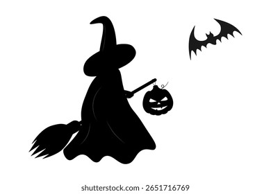 Silhouettes Witch with broomstick Halloween Pumpkin and Bat Minimalist Halloween Design Elements Set