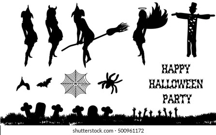 Silhouettes of witch, devil, spider angel, graves, hands for halloween in vector. Black isolated on white background.