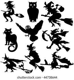 Silhouettes of witch flying on broom vector illustration cartoon