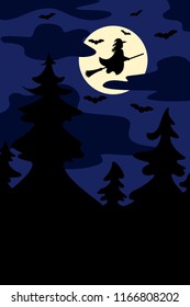 Silhouettes of witch flying on broomstick and bats. Full moon on the night forest background. Vector.