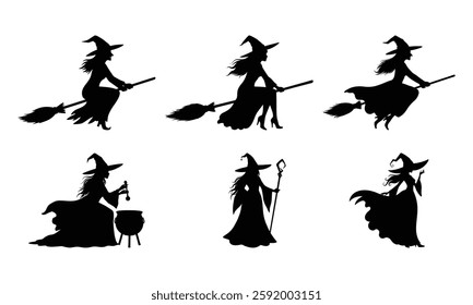 Silhouettes of witch vector illustration, halloween witch, detailed vector, black and white, monochrome design, minimalist illustration, isolated on a white background