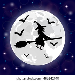 Silhouettes of witches and bats on a background of the moon