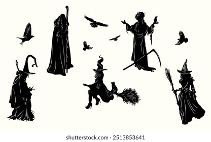 silhouettes of witches with brooms, sticks, crows