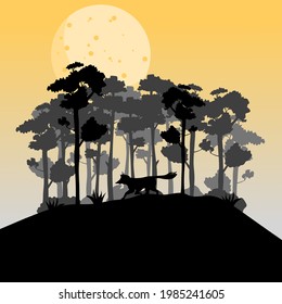 silhouettes of wolf with forest background and moon, silhouettes of trees.
