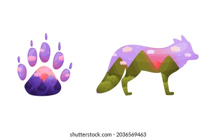 Silhouettes of wolf wild animal and footprint with morning summer landscape inside vector illustration