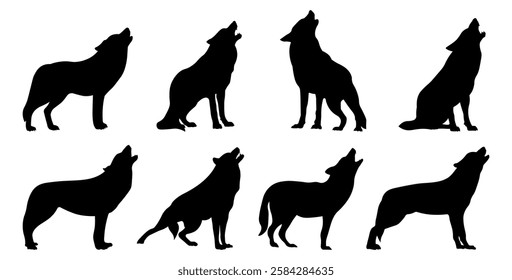 Silhouettes of wolves, coyotes and howling dogs. Isolated objects, vector illustration