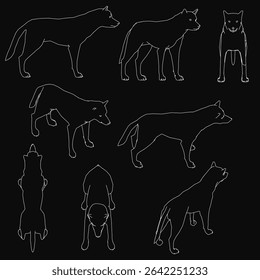 Silhuetas de lobos se posicionam nitidamente contra um fundo preto, renderizado em um estilo vetorial limpo. O conjunto apresenta várias figuras parecidas com coiotes com contornos nítidos e contraste arrojado.