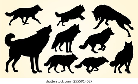 Silhouettes of wolves in various dynamic poses, showcasing their wild and majestic nature.