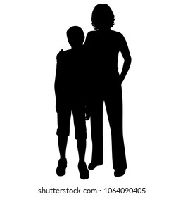 Silhouettes woman and boy standing hugging, vector, couple, people, mother and son, black color isolated on white background