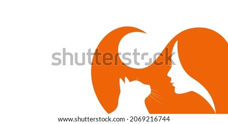 Silhouettes of a woman and a cat, symbolizing love for a cat, adoption of homeless animals, pet care. Vector illustration isolated on white background.

