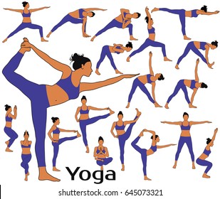 Silhouettes of woman with colored skin tone in costume doing yoga workout and fitness exercises. Colored yoga icons isolated on white background.