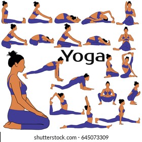 Silhouettes of woman in costume practicing yoga stretching and twisting her spine. Colored icons of girl in different yoga poses isolated on white background.