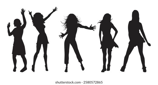 silhouettes of woman dancing people vector set.