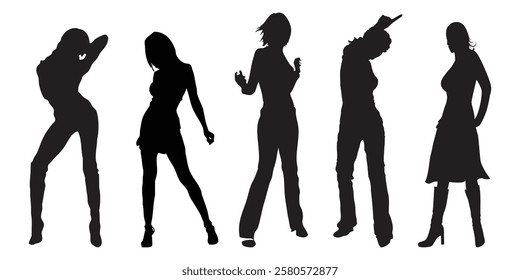 silhouettes of woman dancing people vector set.