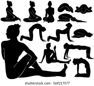 Silhouettes of woman doing yoga exercises isolated on white background.