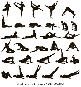Silhouettes of woman doing yoga and fitness exercises.  Vector icons of flexible girl stretching and relaxing her body in different yoga poses. Black shapes of yoga woman isolated on white background.