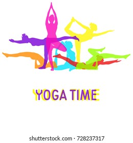 Silhouettes of woman doing yoga mixed together for yoga banner design. Colored vector icons of group of yoga girls in different yoga poses.