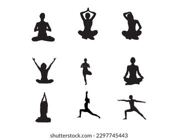 Silhouettes of woman doing yoga poses .Meditation Practice and Yoga Vector Line Icons Set. Relaxation, Inner Peace, Self-knowledge, Inner Concentration, Spiritual Practice. Editable Stroke.