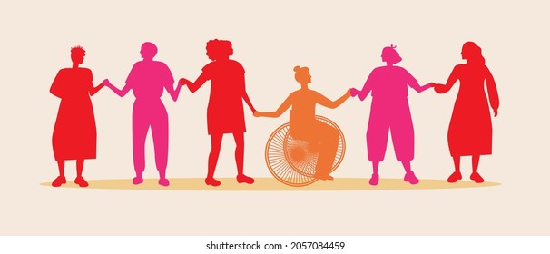 Silhouettes of a woman holding hands. Silhouette vector stock illustration. People for March 8th. Disabled person, islamic woman together. Inclusive group for Break The Science Bias