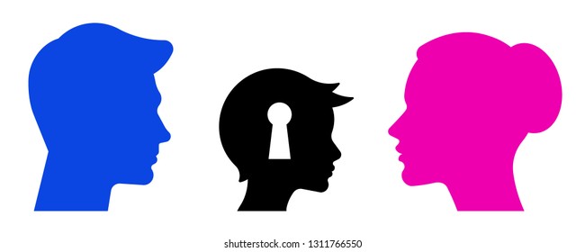 Silhouettes of woman, man and boy in different colors. Psychology of family relations, communication between adults and children. On boy's head is a keyhole. Symbol of thoughts and behavior of child.