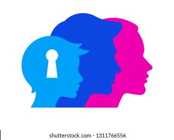 Silhouettes of woman, man and boy in different colors. Psychology of family relations, communication between adults and children. On boy's head is a keyhole. Symbol of thoughts and behavior of child.