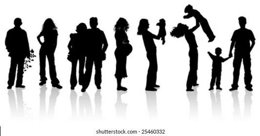 Silhouettes of woman, man, children, vector illustration