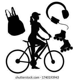 Silhouettes of a woman on a bicycle, backpack and headphones