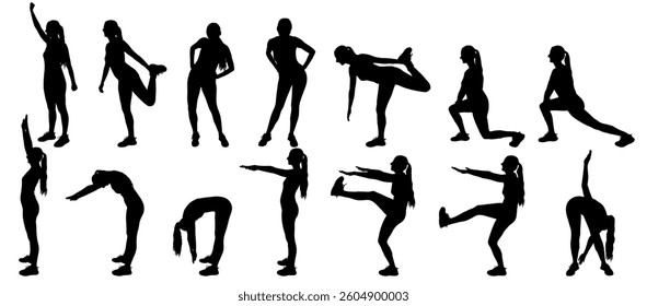 Silhouettes of a woman practicing different workout positions and stretching exercises, set. Vector illustration.