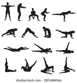 Silhouettes of woman practicing yoga stretching exercises. Shapes of girl doing yoga fitness workout. Set of yoga position icons.  