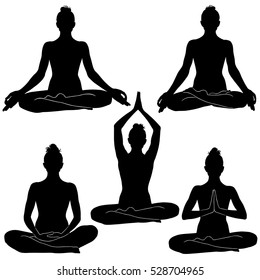 Silhouettes of woman sitting with legs crossed in padmasana with arms in different positions. Yoga pose for relaxation and meditation. Shapes of slime girl practicing yoga in meditation position.
