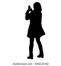 Silhouettes woman taking selfie with smartphone on white background.